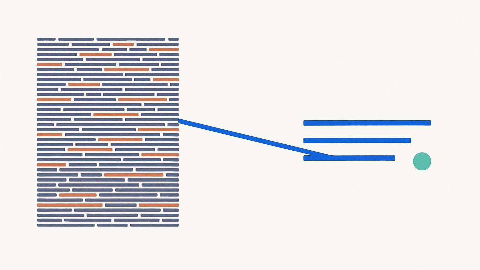 Legible artwork, a dense block of technical text connected to a short, clear retelling