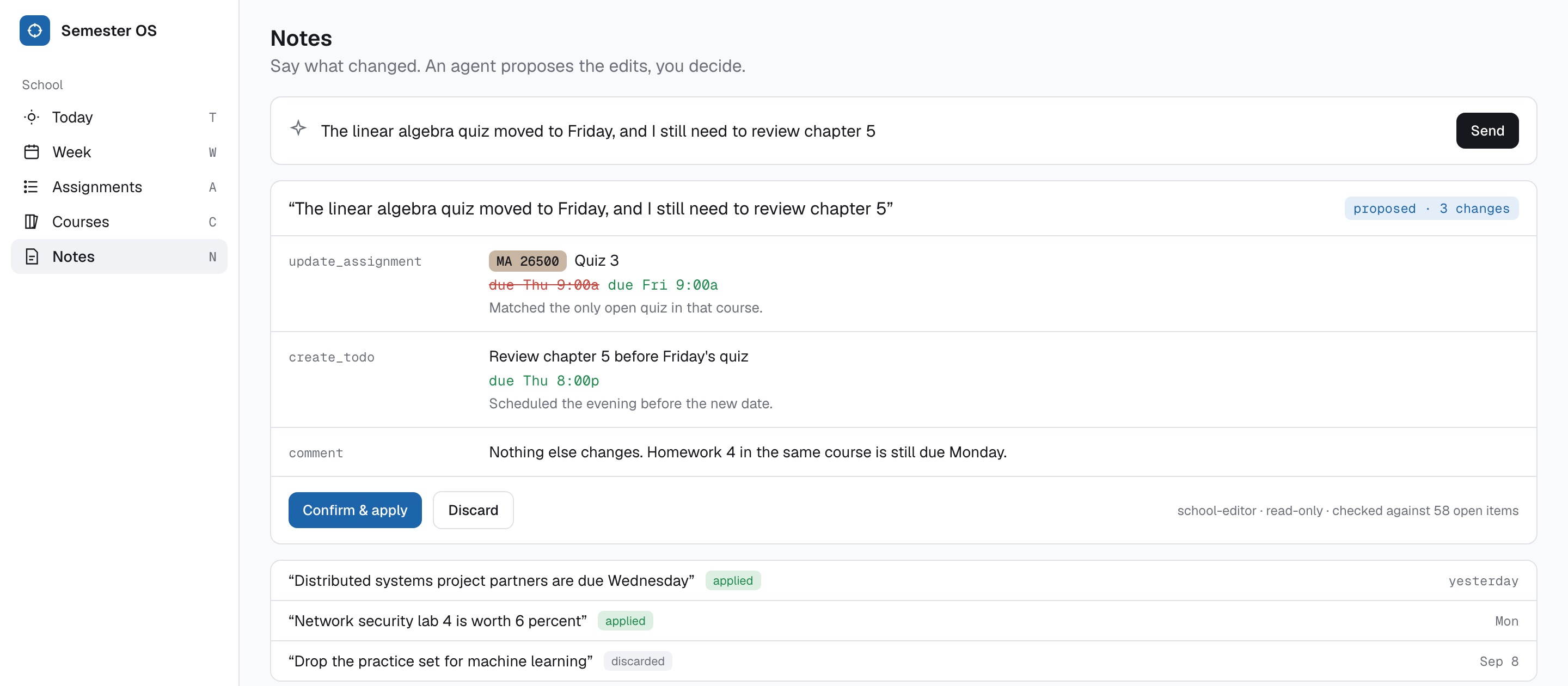 Semester OS notes page where a typed sentence becomes proposed changes to confirm or discard